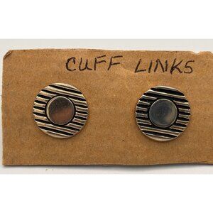 Vintage Silver-Tone Brass Round Cufflinks With Striped Design